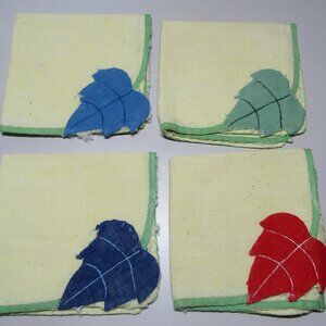 Vintage napkins lot of 4 linen squares with embroidered leaf applique design 9"